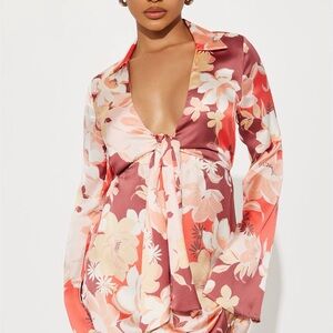 Floral Satin Tie-Front Dress